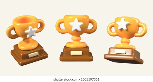Classic golden cup on stand. Funny game award in different positions
