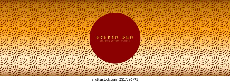 Classic Golden Eastern Seamless Texture Featuring Abstract Arabic Geometric Lines in Festive Colors. Summer Repeat Background with golden waves and red color. 