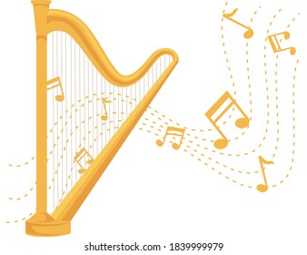 Classic golden greek hair with flowing golden musical notes flat vector illustration