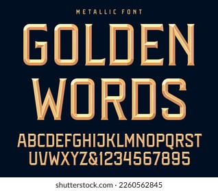 Classic golden metallic beveled decorative font, gold, brass or bronze alphabet and numbers. Upper case. Vector illustration.