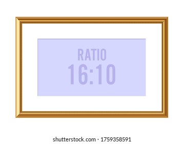 Marco de imagen dorado clásico, relación 16:10, ilustración vectorial