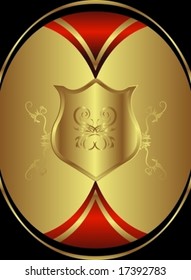 Classic golden red royal backround with floral elements and a central shield