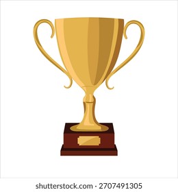 Classic Golden Trophy Cup with Two Handles on a Wooden Base, First Place Award, Winner Prize, and Championship Flat Vector Illustration
