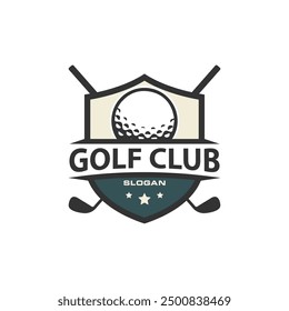 Diseño clásico del logotipo del golf. Bola y palillo en la forma de un símbolo del escudo. para los palos de golf