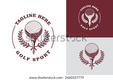 Classic Golf Sport Logo Laurel Wreath Emblem with Golf Ball on Tee in Circular Badge Design