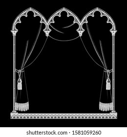 Classic gothic architectural decorative frame with a curtain in black and white colors. Vintage engraving stylized drawing. Vector Illustration