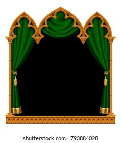 Classic gothic architectural decorative frame with a green curtain on black. Vintage design element, cover and poster template isolated on white. Vector 
Illustration