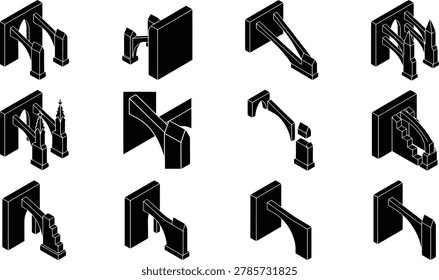 Classic Gothic architectural isometric silhouette icon set with various flying buttresses and arched supports for construction and design on