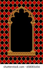 Classic gothic decorative frame on red and black rhomboids background with gold wire grid. Vintage design element, cover and poster template. Vector 
Illustration