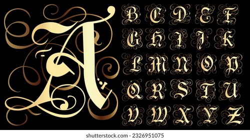 Classic Gothic font, gold vintage capital letters for decoration and tattooing