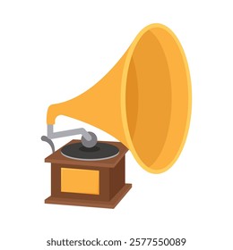 A classic gramophone with a horn, illustrated in a vintage style