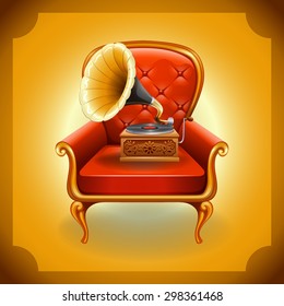 Classic gramophone on red armchair