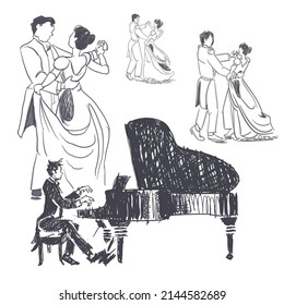 classic grand piano and couples waltzing