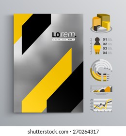Classic gray brochure template design with black and yellow diagonal shapes. Cover layout and infographics