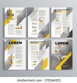 Classic gray brochure template design with black and yellow diagonal shapes. Cover layout and infographics