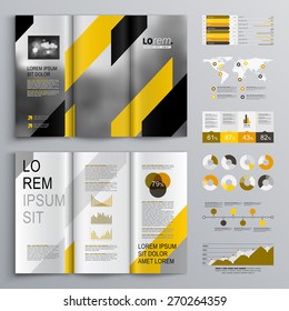 Classic gray brochure template design with black and yellow diagonal shapes. Cover layout and infographics