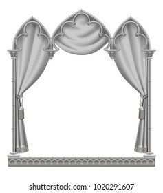 Classic gray gothic architectural decorative frame with curtain. Vintage design element, cover and poster template isolated on white. Vector Illustration