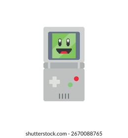 Dispositivo de juego de mano gris clásico con pantalla verde que muestra la Ilustración vectorial pixelada del carácter de la cara feliz