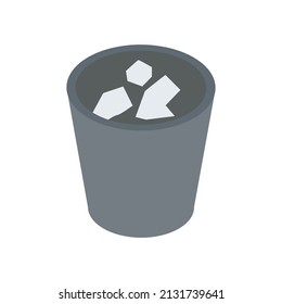 Classic Gray Metallic Or Plastic Office Wastebasket With Crumpled Paper Documents Sheets Isometric Vector Illustration. Container For Rubbish Junk Storage Trash Waste Bin Business Garbage Isolated