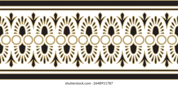 Ornamento clássico grego preto e dourado sem costura. Vetor padrão infinito de hellens antigos. Fronteira europeia.
