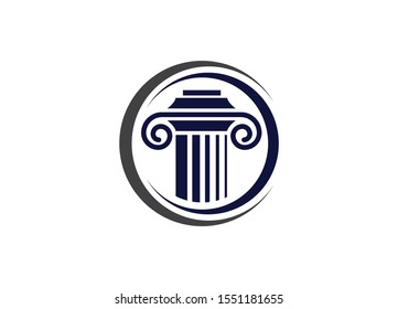 A Classic Greek Column Emblem Displaying Strength Justice and Antiquity Within a Circular Border in a Dark Blue Shade