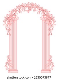 classic greek columns and floral arch - antique pillars and sakura blossom branches forming passage vector design