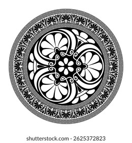 Ornamento redondo grego clássico. Quadro redondo preto, branco com meandro grego, padrão bizantino. Círculo da Grécia Antiga, Império Romano. Para design para cerâmica, têxtil, bordados, porcelana, gravura