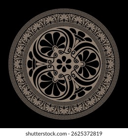 Placa de ornamento redonda grega clássica. Quadro redondo dourado com meandro grego, padrão bizantino. Círculo da Grécia Antiga, Império Romano. Para design para cerâmica, têxtil, bordados, porcelana, gravura