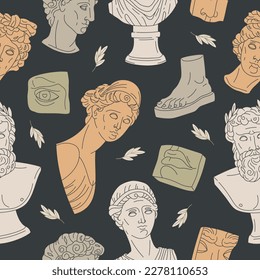 Classic greek sculpture seamless pattern. Antique marble heads and body parts, greek ancient gods sculptures flat vector background illustration