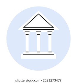 A classic Greek temple with four pillars and a triangular pediment is centered within a light blue circle. Ideal for architecture, history, education, cultural heritage, ancient Greece. Clean line art