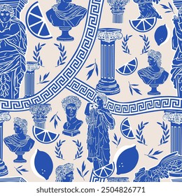 Classic Greek-inspired pattern featuring vases, columns, and statues in blue and white. This seamless design is perfect for decorative and educational purposes, reflecting ancient culture and art