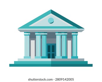 Classic greek-inspired temple building with columns and pediment on a white background.