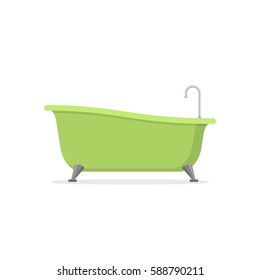Classic green bathtub isolated on white background. Bath time in flat style vector illustration