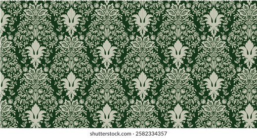 Classic Green and Beige Damask Pattern with Ornate Floral Motifs