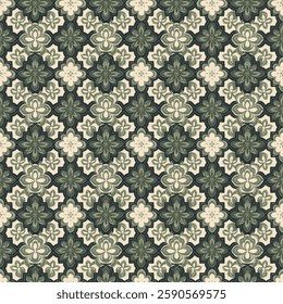 Classic Green and Beige Ornamental Tile Seamless Pattern with Structured Layout