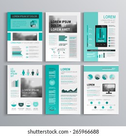 Classic green brochure template design with square horizontal shapes. Cover layout and infographics