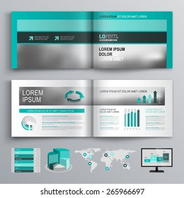 Classic green brochure template design with square horizontal shapes. Cover layout and infographics