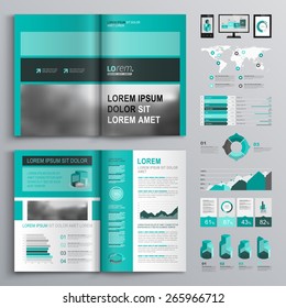 Classic green brochure template design with square horizontal shapes. Cover layout and infographics