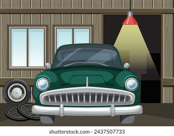 Classic green car parked inside a wooden garage