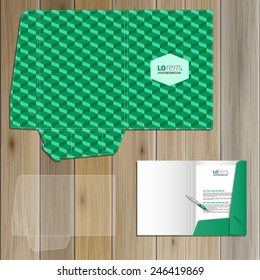 Classic green folder template design for corporate identity with geometric pattern. Stationery set
