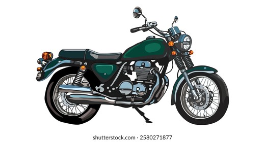 Classic Green Motorcycle, vector illustration isolated on white background for design elements.