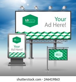Classic green outdoor advertising design for corporate identity with geometric pattern. Stationery set