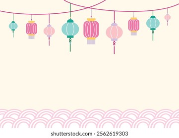 Classic green, pink lantern hanging light for China, Japan, Vietnam background, card 