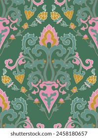 Patrón clásico verde y rosa con flores ornamentales. Adorno tradicional de damasco floral. Fondo inconsútil para el Fondo de pantalla, textil, alfombra y cualquier superficie. 