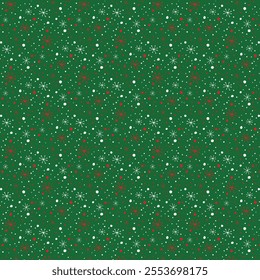 Classic green and red Christmas seamless pattern featuring snowflakes, dots, and a festive winter vibe. Ideal for wrapping paper, holiday crafts, and seasonal decor