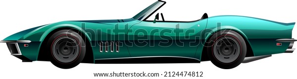 A classic green sports open top coupe\
american muscle car. Side view vector illustration for landing page\
mockup or flat design advertising\
banner.