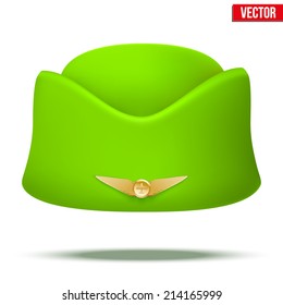 Classic green Stewardess hat forage cap of air hostess uniform. Civil aviation and air transport. Vector Illustration isolated on white background.