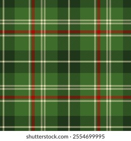 Classic green tartan seamless plaid pattern with festive red and white accents. Traditional Christmas textiles. Buffalo seasonal gift wrap, festive home decor, apparel. Checkered Scottish textile.