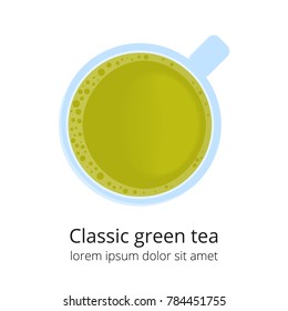Classic green tea in glass cup isolated on white background. Top view.