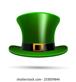 Classic green top hat for St. Patrick's Day, isolated on a clean white background. Vector icon for holiday marketing, party decorations, and festive social media graphics.